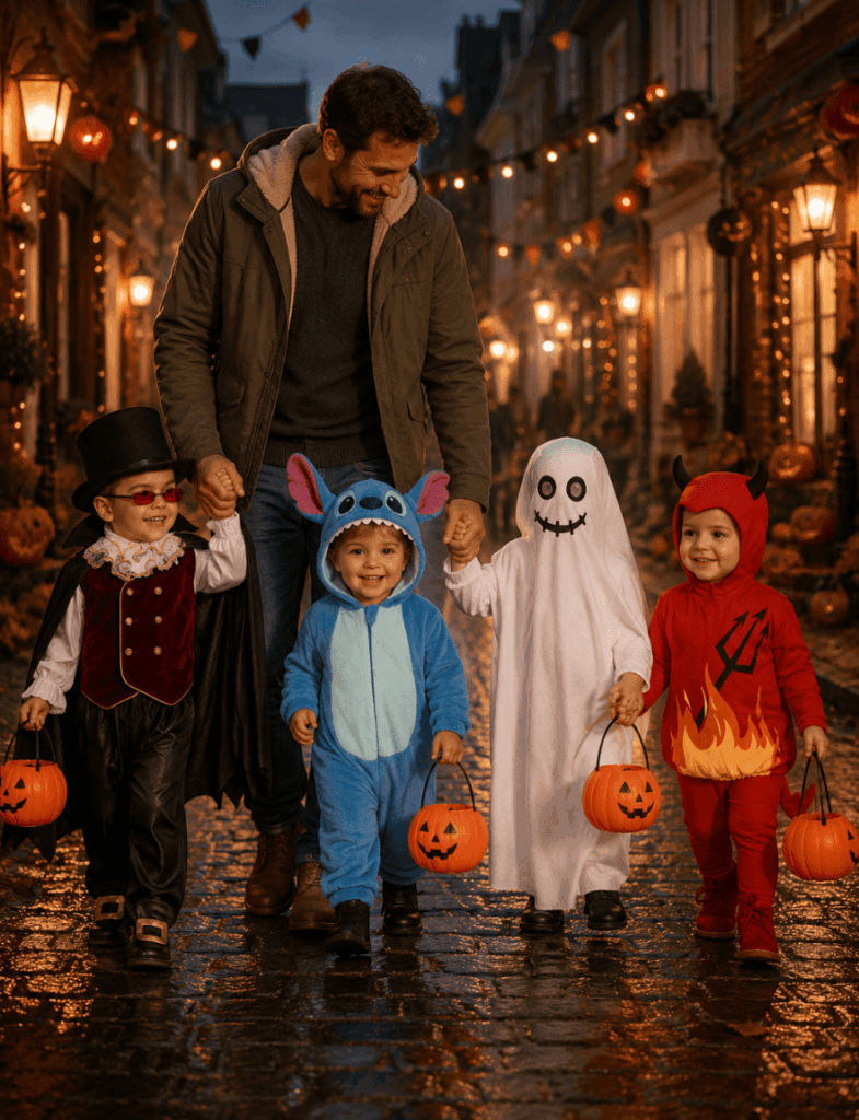 Un parent accompagne quatre jeunes garçons de 2 à 4 ans déguisés pour Halloween dans une rue décorée. Les enfants portent des costumes confortables de vampire, petit monstre bleu, fantôme et diablotin rouge, avec des seaux citrouilles pour la chasse aux bonbons. L’ambiance est chaleureuse, rassurante et festive, avec lumières, citrouilles et décorations d’automne.