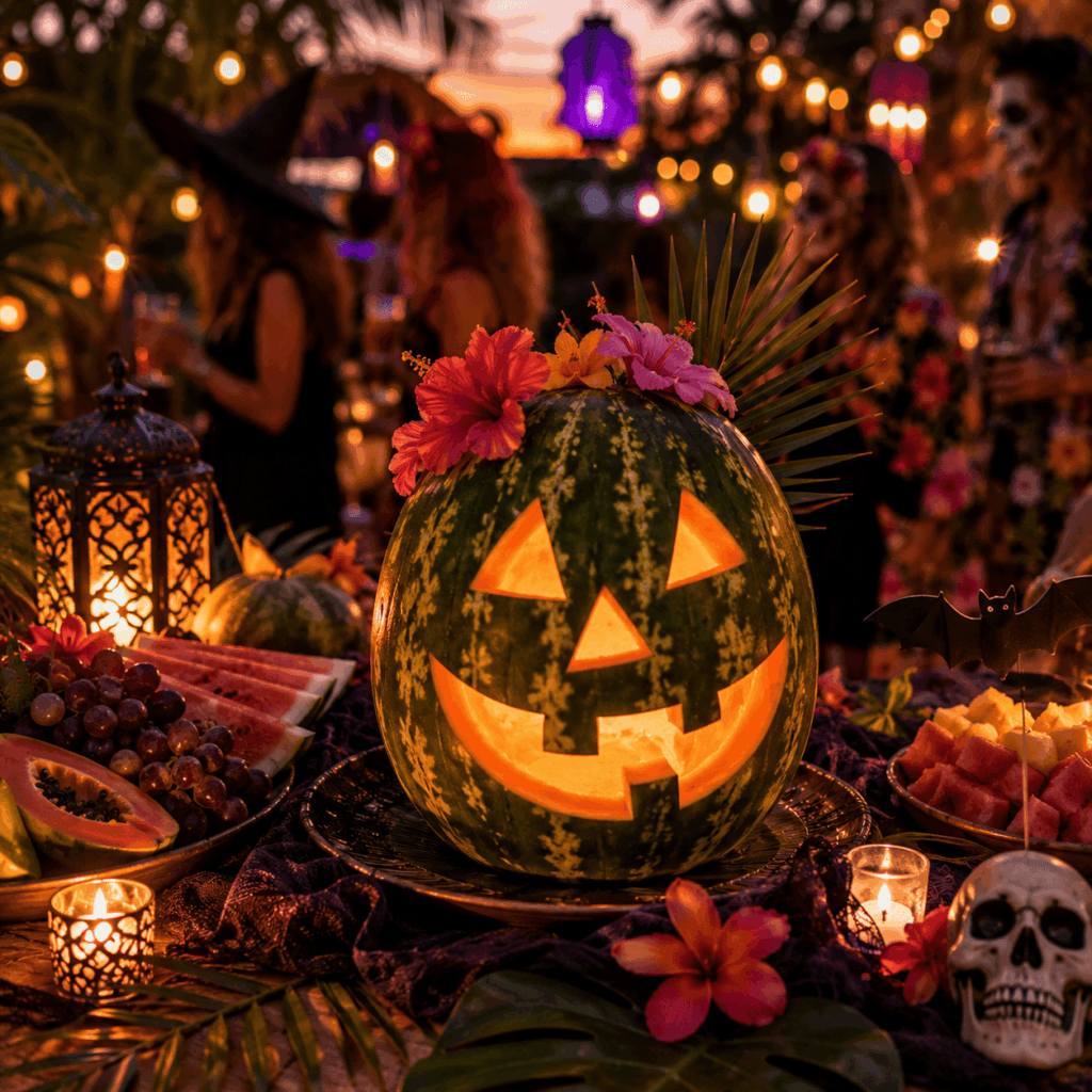 Une grande pastèque sculptée et illuminée trône au centre d’un buffet estival décoré de fleurs tropicales, de fruits, de chauves-souris et d’accessoires Halloween, pendant une fête Summerween au coucher du soleil.