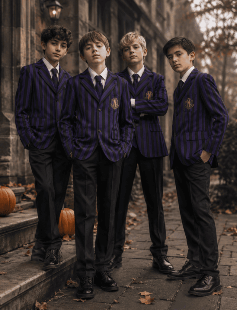 Quatre garçons préados portent un uniforme gothique violet et noir inspiré des tendances Halloween 2026. Ils posent devant un ancien bâtiment en pierre, dans une ambiance automnale élégante avec citrouilles et feuilles mortes, pour illustrer les déguisements Halloween garçon 11-14 ans axés sur le style, l’attitude et la crédibilité.