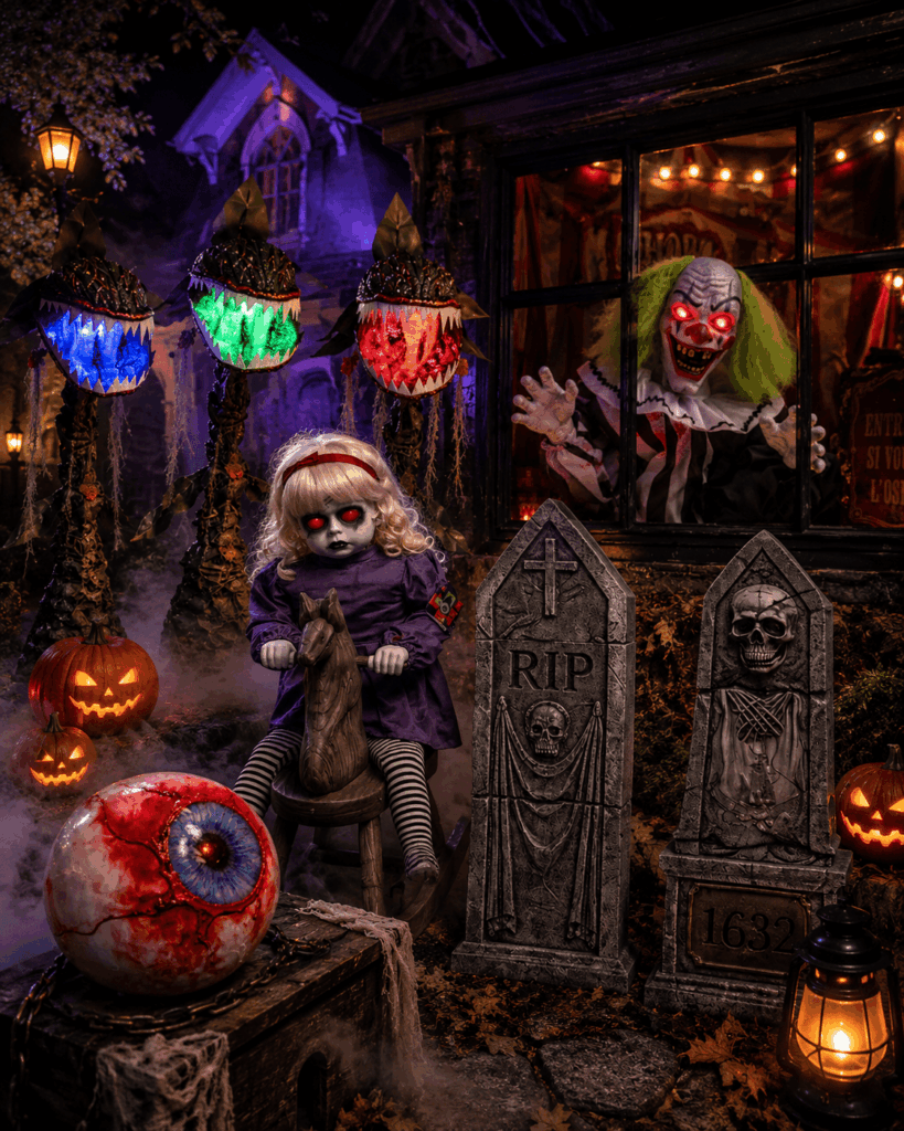 Nouveautés Halloween 2026 mises en scène dans un décor de maison hantée avec clown effrayant derrière une fenêtre, poupée hantée sur cheval, plantes carnivores lumineuses, œil ensanglanté, pierres tombales, citrouilles et fumée.