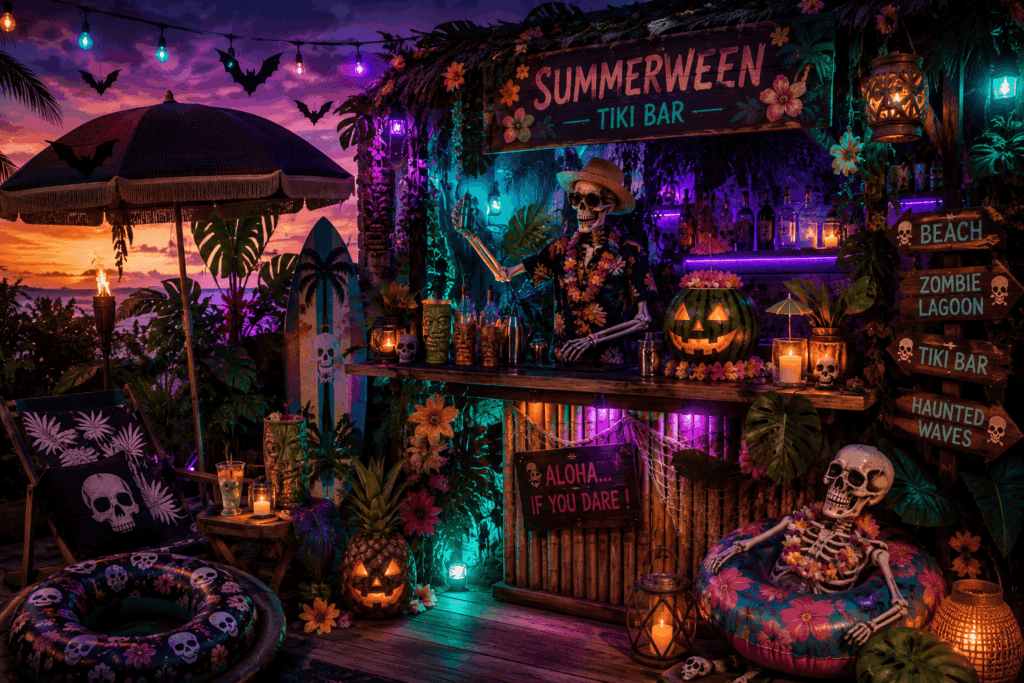 Un bar tropical transformé en tiki hanté avec squelette barman, pastèque sculptée, bouées décorées, chauves-souris et éclairages violets, turquoise et orange pour une fête Summerween en extérieur.