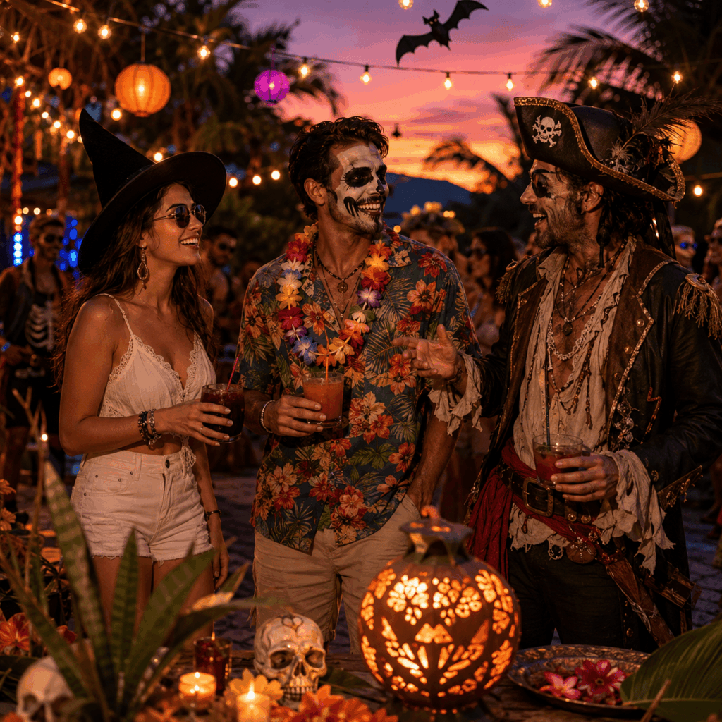 Trois adultes discutent lors d’une fête Summerween au coucher du soleil : une invitée avec un simple chapeau de sorcière, un vacancier zombie en chemise tropicale et un pirate fantôme entièrement costumé, dans un décor mêlant Halloween et ambiance estivale.
