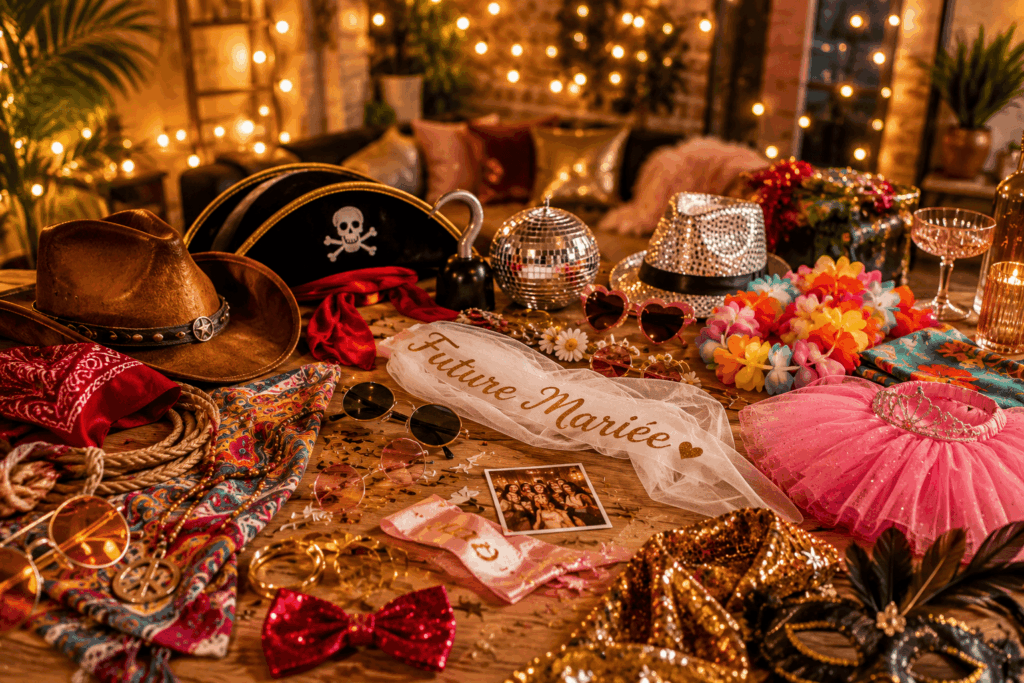 Table de préparation pour une soirée déguisée de groupe avec chapeau cowboy, chapeau pirate, accessoires disco, collier hawaïen, lunettes hippie, tutu rose, voile Future Mariée, confettis et accessoires festifs.