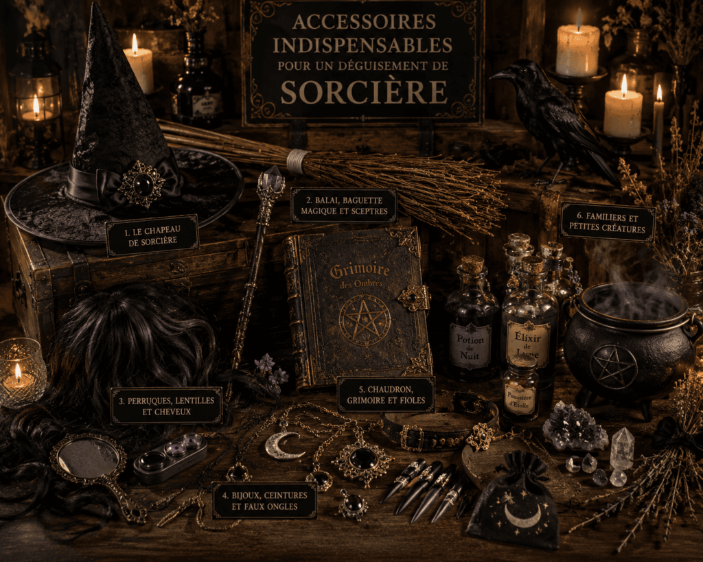 Accessoires de sorcière pour costume Halloween avec chapeau, balai et fioles (1).png