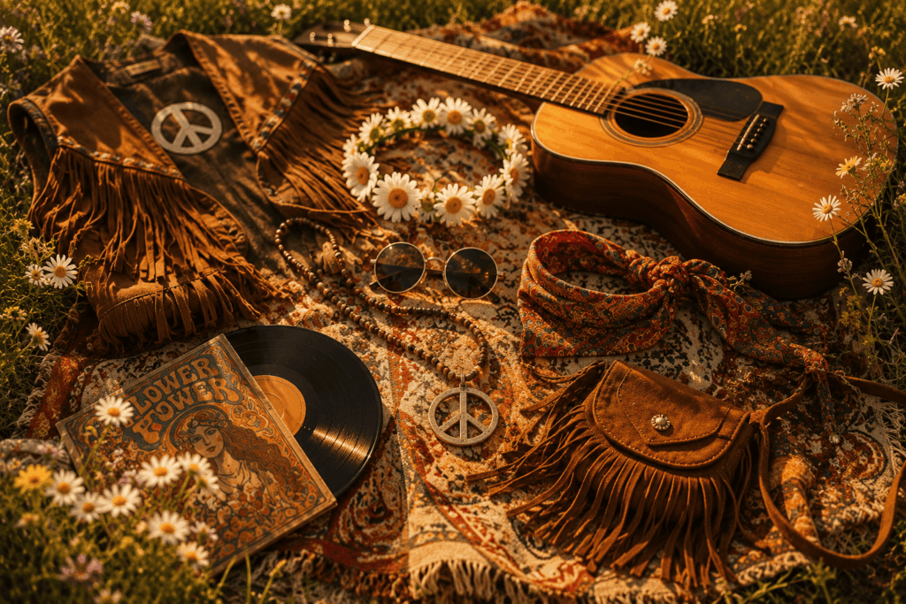 Accessoires pour déguisement hippie disposés sur une couverture vintage dans l’herbe : lunettes rondes, collier peace and love, bandeau, couronne de fleurs, gilet à franges, sac bohème, guitare acoustique et disque vinyle.