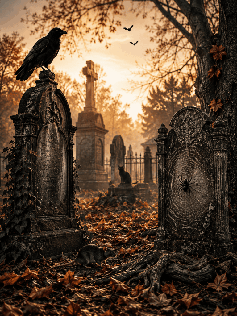 Animaux Halloween dans un cimetière victorien avec corbeau, araignée, rat, chat noir et chauves-souris.