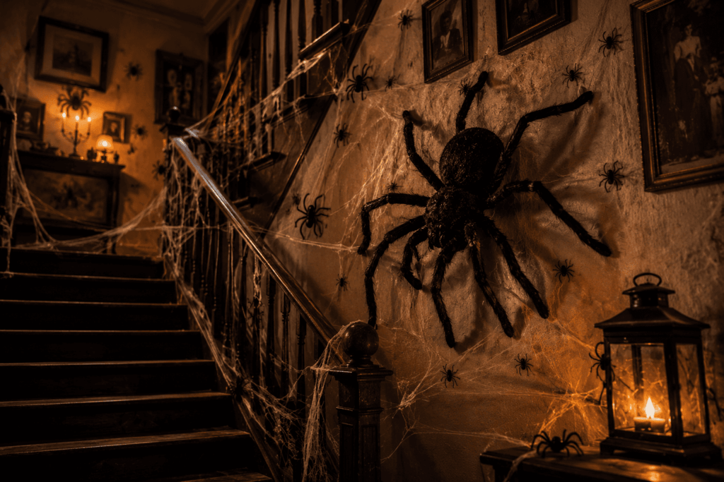 Grande araignée Halloween sur un mur d’escalier avec toile et petites araignées.