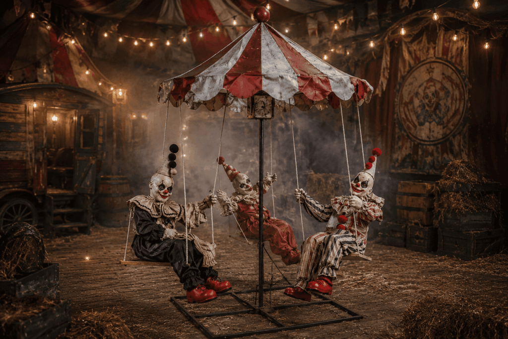 Un automate Halloween représentant trois clowns inquiétants assis sur un manège, installé dans un décor de cirque abandonné avec brume légère, guirlandes lumineuses et ambiance fête foraine hantée.
