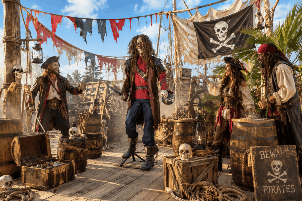 Automate pirate zombie dans un décor de pirates maudits avec tonneaux, cordages, vieux drapeaux et coffre au trésor. (1).png
