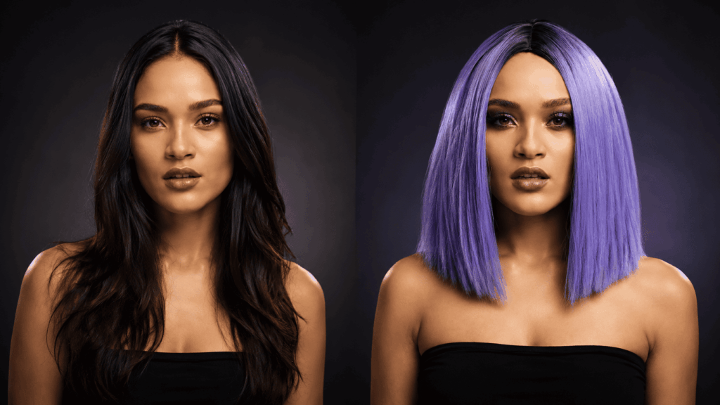 Avant/après avec une perruque violette montrant comment une coiffure transforme immédiatement l’allure d’un personnage.