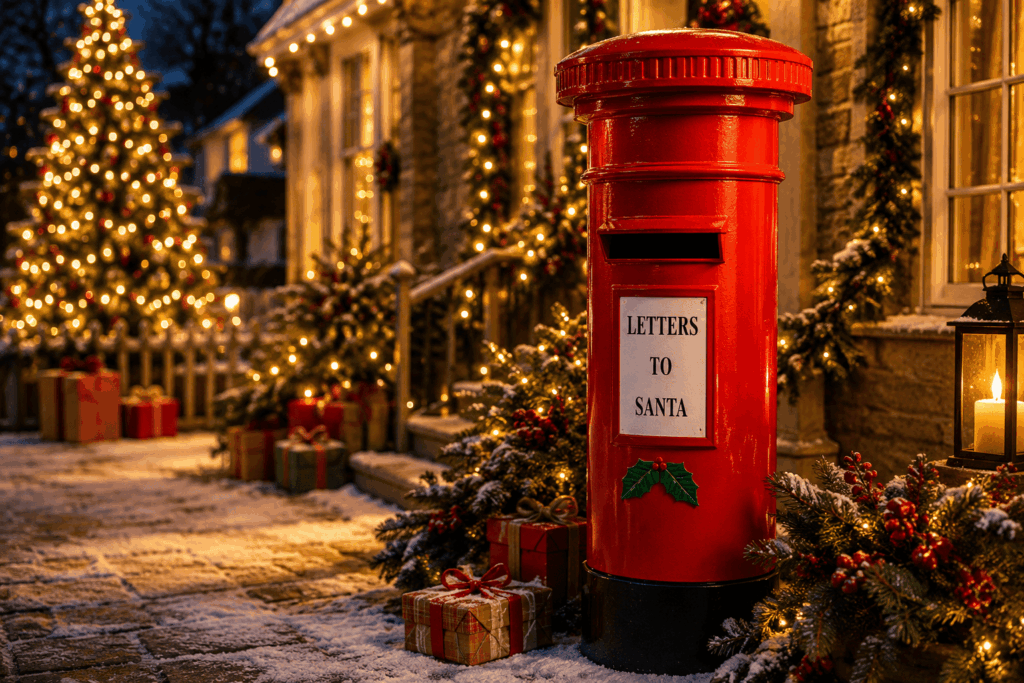 Boîte aux lettres rouge du Père Noël de style britannique, installée dans un décor extérieur de Noël avec guirlandes lumineuses, sapin illuminé, cadeaux, neige et ambiance chaleureuse au crépuscule.