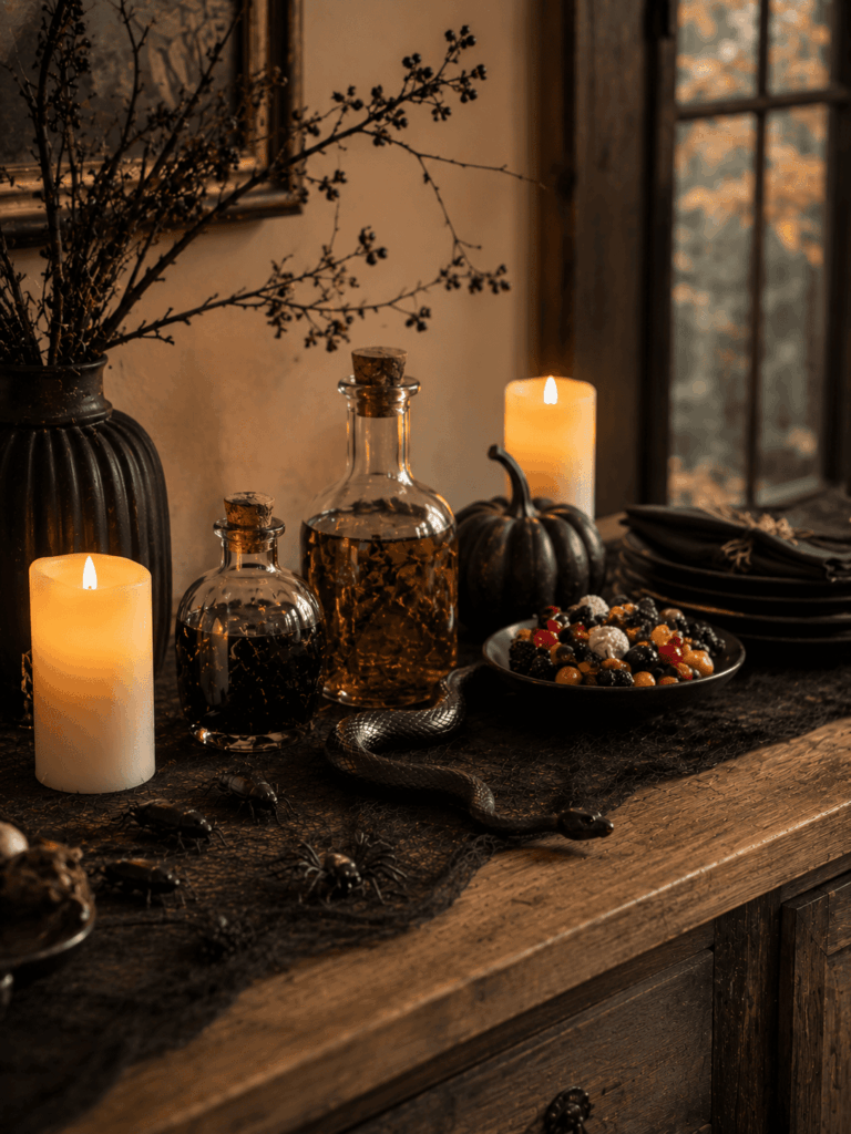 Buffet Halloween avec serpent, insectes décoratifs et bougies LED.