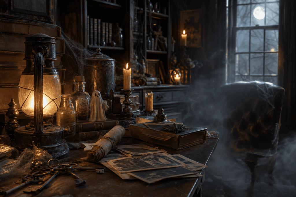 Bureau victorien rempli de grimoires, lanternes et petites décorations Halloween pour une atmosphère de maison hantée élégante