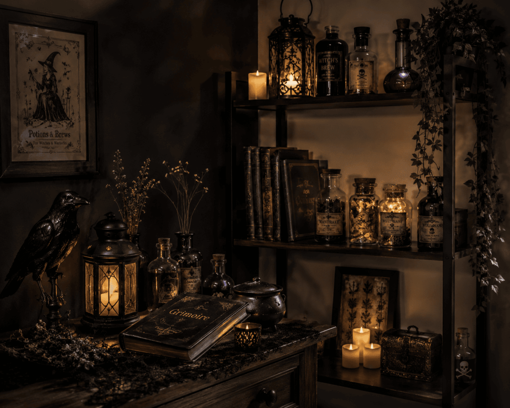 Coin cabinet de curiosités inspiré d’une sorcière avec étagère décorée de grimoires, fioles, lanterne, chaudron, corbeau décoratif et bougies dans une ambiance Halloween chaleureuse et mystérieuse.