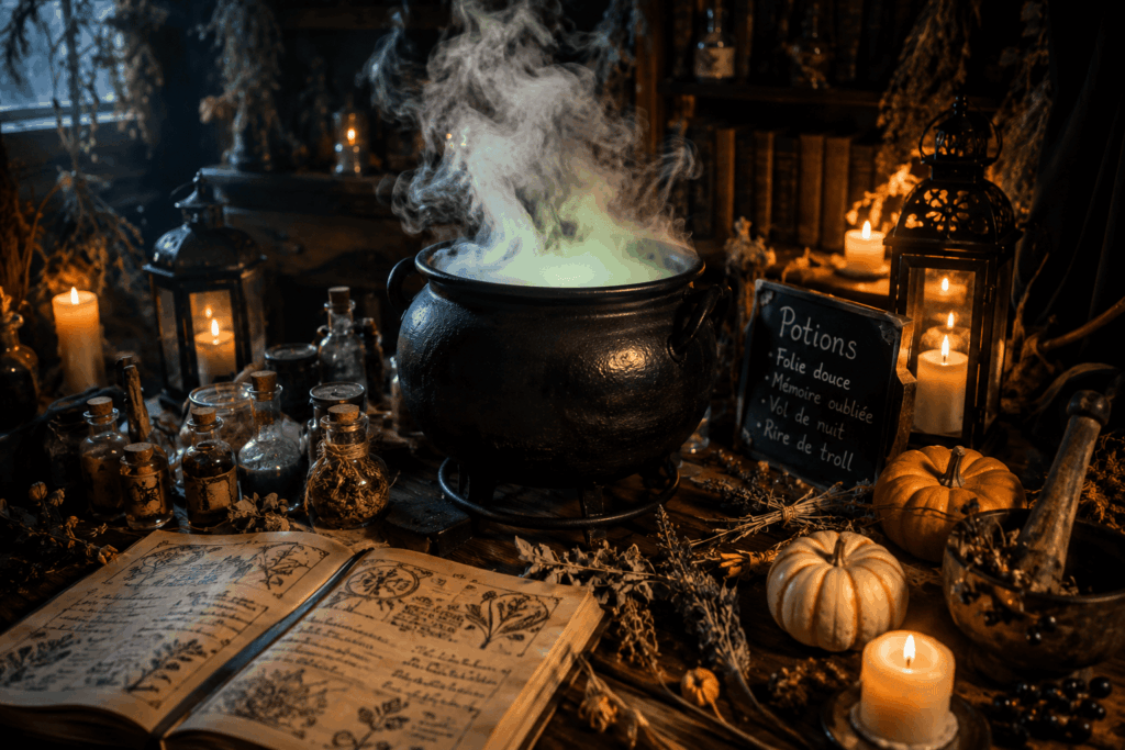Chaudron noir fumant posé sur une table de sorcière avec fioles, grimoire ouvert, bougies, citrouilles et accessoires de potion dans une ambiance Halloween magique.
