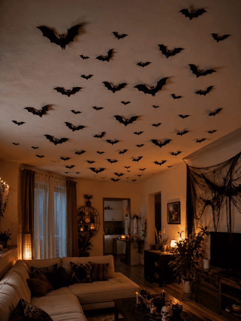 Nuée de chauves-souris Halloween décoratives fixées au plafond d’un salon.