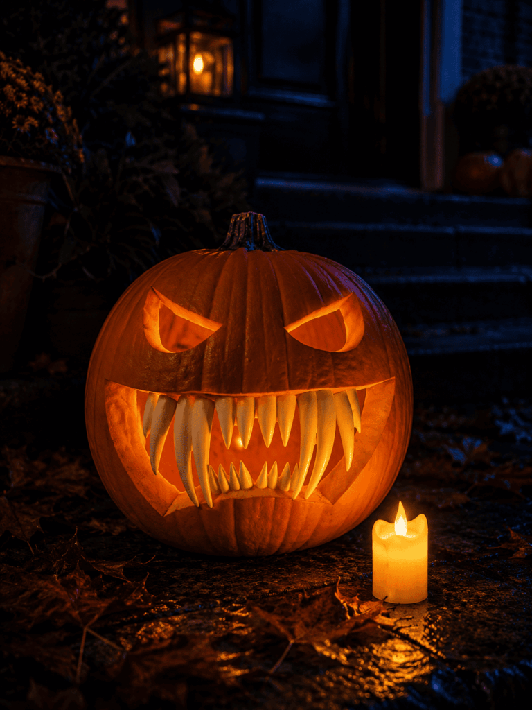 Jack O’Lantern éclairée de l’intérieur avec une bougie LED, décorée de grandes dents de vampire blanches et posée de nuit sur des marches avec feuilles d’automne.