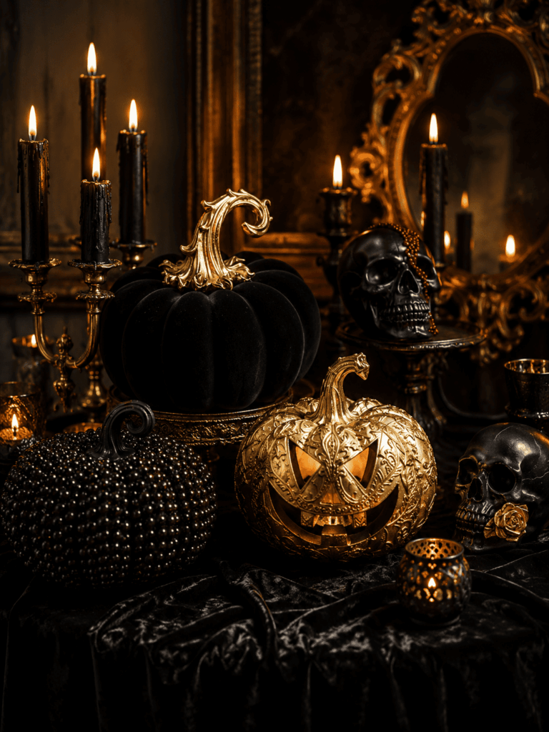 Mise en scène Halloween chic avec citrouille noire en velours, citrouille dorée baroque, citrouille perlée sombre, bougies LED, chandeliers dorés, miroir ancien et crânes décoratifs dans une ambiance gothique haut de gamme.