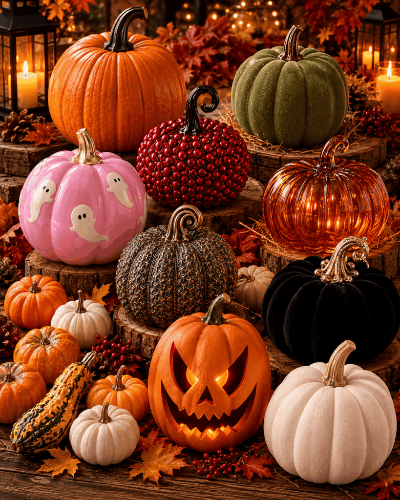 Composition de citrouilles Halloween naturelles et décoratives de différents styles, couleurs et matériaux, mises en scène sur des rondins de bois avec feuilles d’automne et éclairage chaleureux.