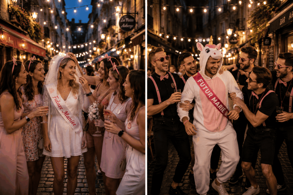 Image en deux scènes montrant une team EVJF entourant une future mariée en blanc avec voile et écharpe Future Mariée, puis une team EVG riant autour d’un futur marié déguisé en licorne dans une rue festive avec guirlandes lumineuses.