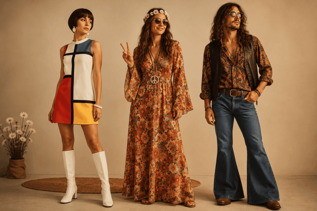 Trois adultes présentent les différences entre le style Mod années 60, le look hippie flower power et la tenue rock années 70, avec robe géométrique, robe fleurie, lunettes rondes, collier peace and love et pantalon pattes d’éléphant.