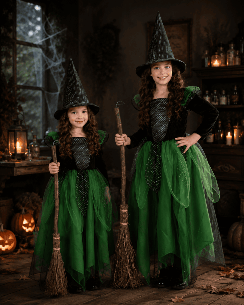 Deux enfants déguisées en sorcières Halloween avec robes vertes et noires, chapeaux pointus et balais, dans une ambiance chaleureuse avec citrouilles, lanternes et décor de potion.