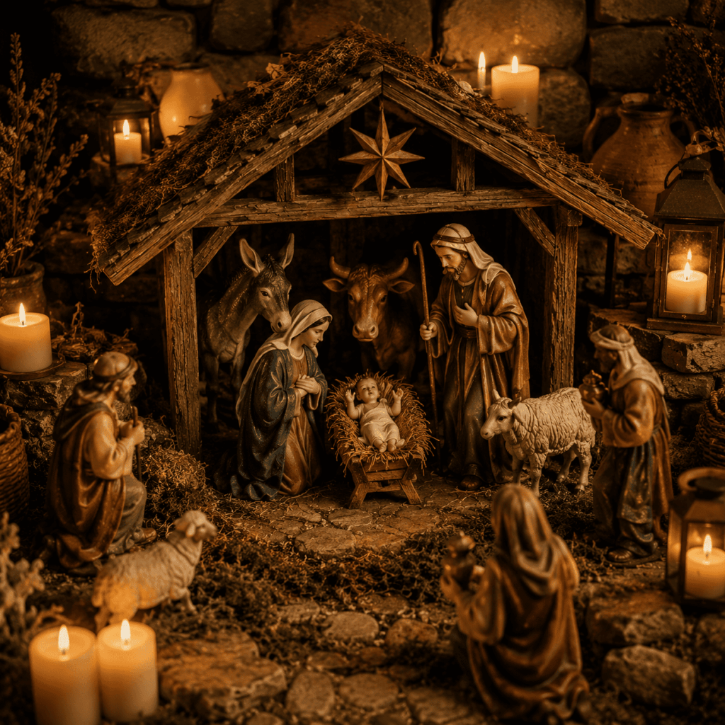 Crèche de Noël traditionnelle avec Marie, Joseph, l’Enfant Jésus, les animaux, les bergers et les Rois mages, mise en scène dans un décor chaleureux en bois et pierre éclairé aux bougies.