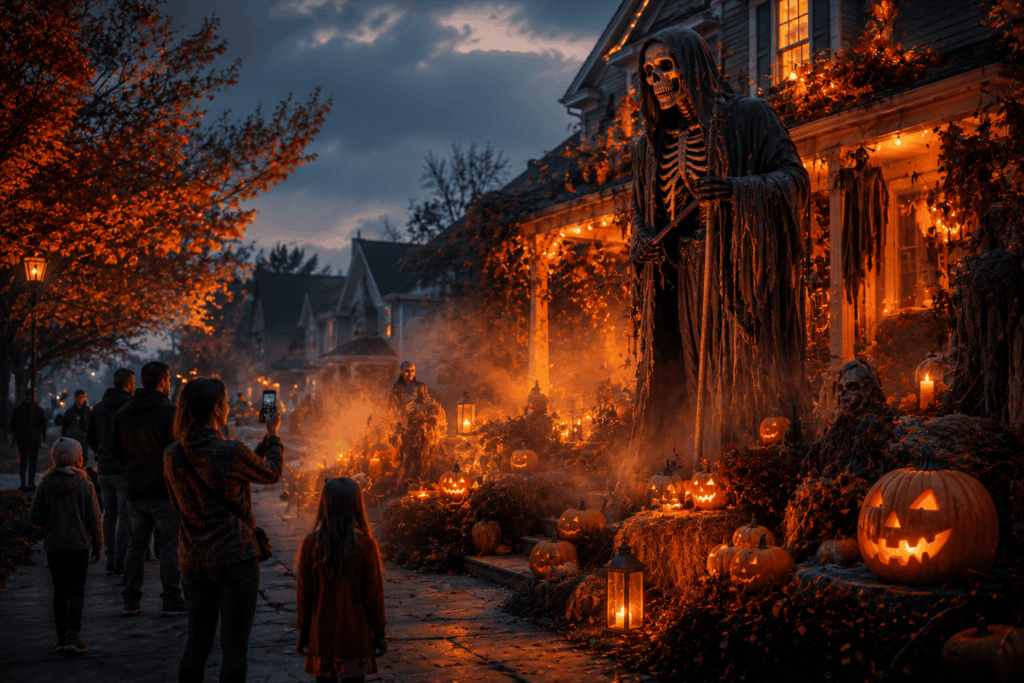 Une maison de quartier transformée en décor Halloween impressionnant, avec une grande faucheuse, des citrouilles éclairées, des lanternes, de la brume et des passants qui s’arrêtent pour admirer et prendre des photos.