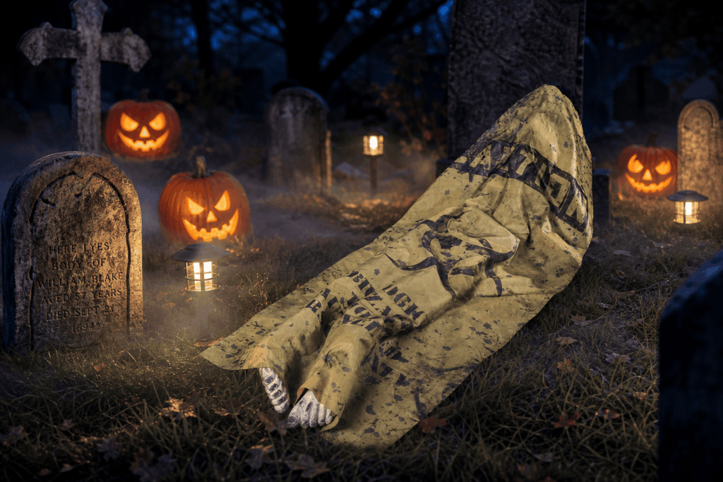 Décoration Halloween de jardin façon cimetière hanté, installation marquante dont les invités se souviennent longtemps