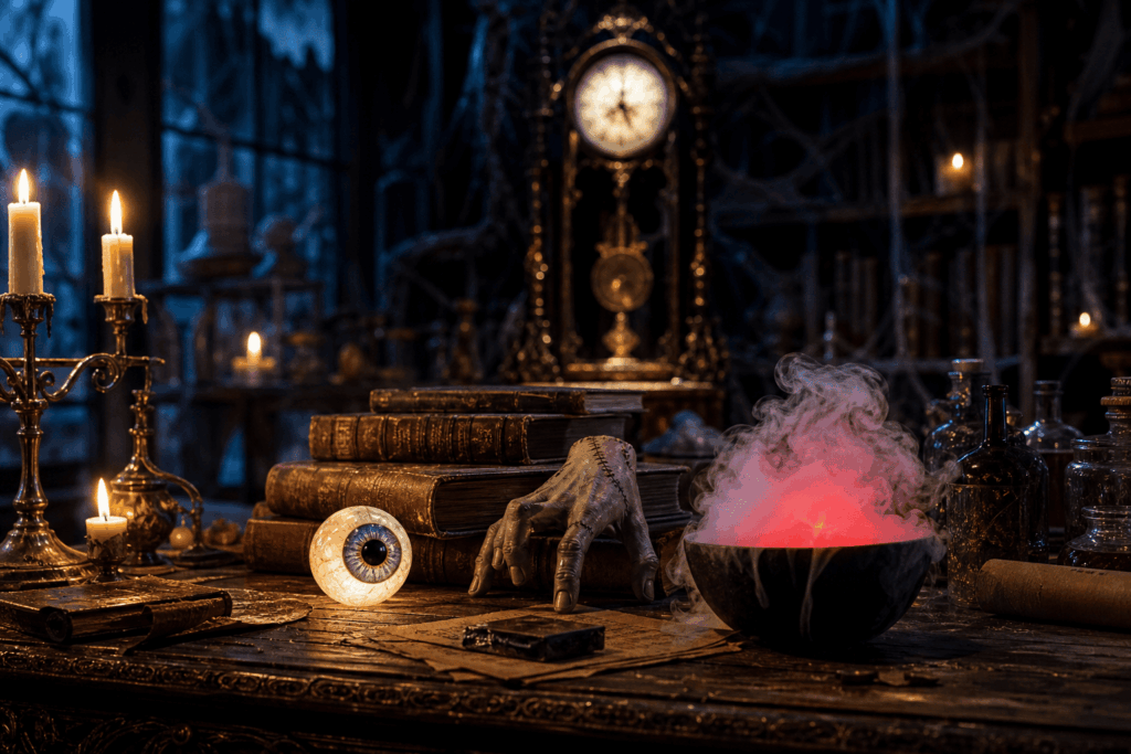 alt : Décoration Halloween animée dans pièce victorienne, œil lumineux, main monstrueuse, horloge hantée et brume rouge sur table en bois