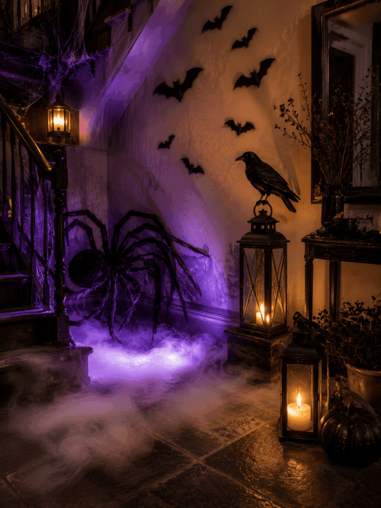 Décoration Halloween avec araignée, chauves-souris, corbeau, éclairage tamisé et fumée.