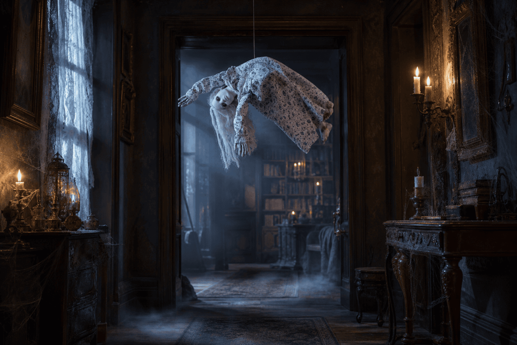Sélection de décorations Halloween animées, fantômes flottants et accessoires lumineux dans maison hantée élégante