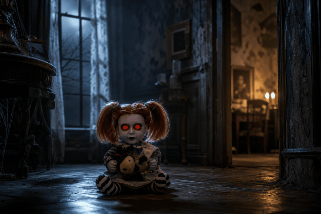 Petite décoration Halloween poupée hantée créant une ambiance forte dans un couloir victorien abandonné