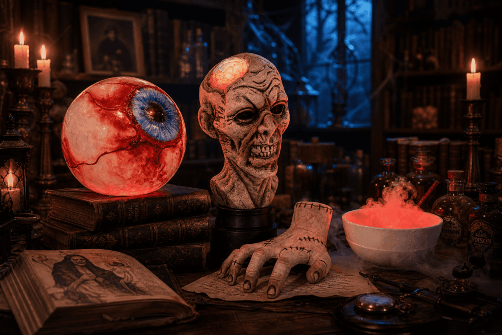 alt : Décoration Halloween premium cabinet de curiosités dans bibliothèque victorienne, table en bois avec œil lumineux, main monstrueuse, buste de zombie et brume rouge