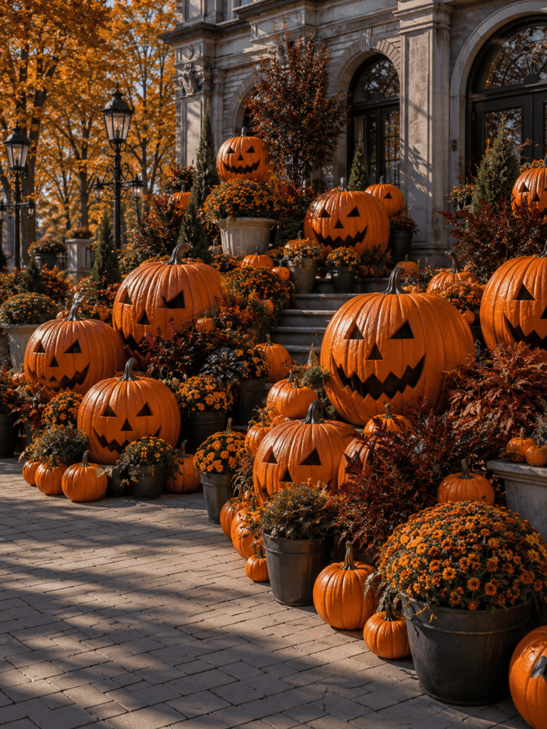 Entrée d’un établissement décorée pour Halloween avec de nombreuses citrouilles géantes sculptées, des jardinières remplies de chrysanthèmes orange et un aménagement automnal spectaculaire conçu pour attirer les visiteurs et servir de point photo.