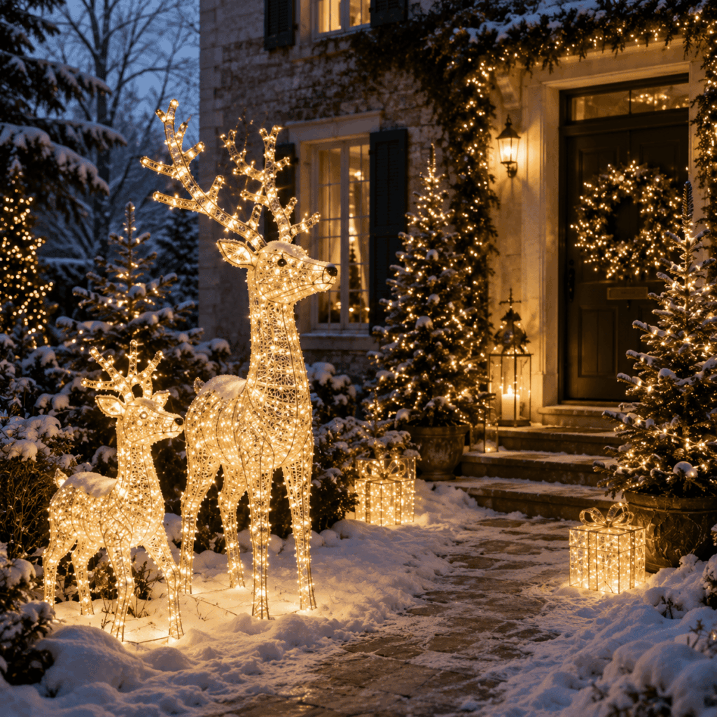 Scène de décoration de Noël féerique en extérieur avec deux rennes lumineux LED blanc chaud, des sapins illuminés, des lanternes, des cadeaux lumineux et une maison chaleureuse décorée d'une couronne de Noël. Une ambiance hivernale magique, élégante et réaliste, idéale pour créer un jardin enchanteur.