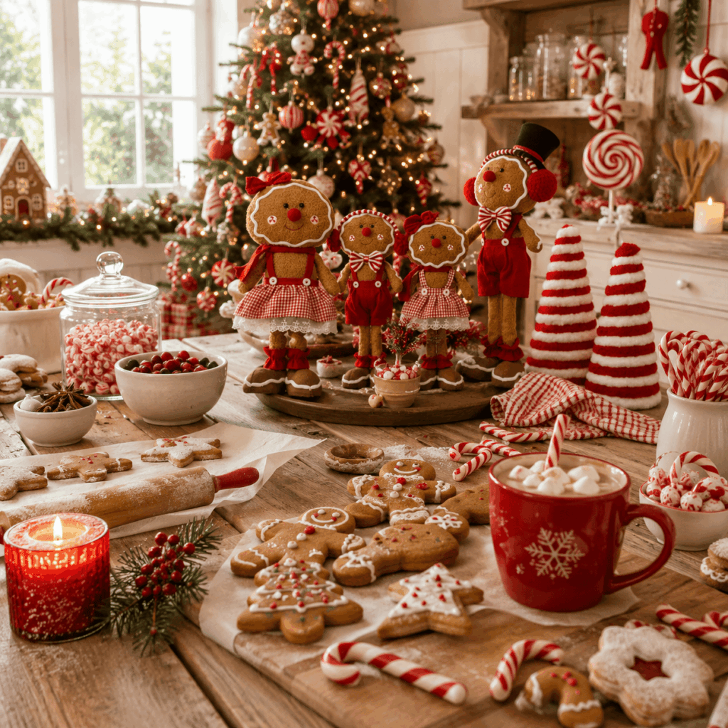 Cuisine de Noël chaleureuse décorée dans un esprit Noël gourmand, avec biscuits pain d’épices, sucres d’orge, bonbons rouges et blancs, chocolat chaud, sapin décoré façon confiserie et figurines Gingerbread pour une ambiance festive, familiale et régressive.