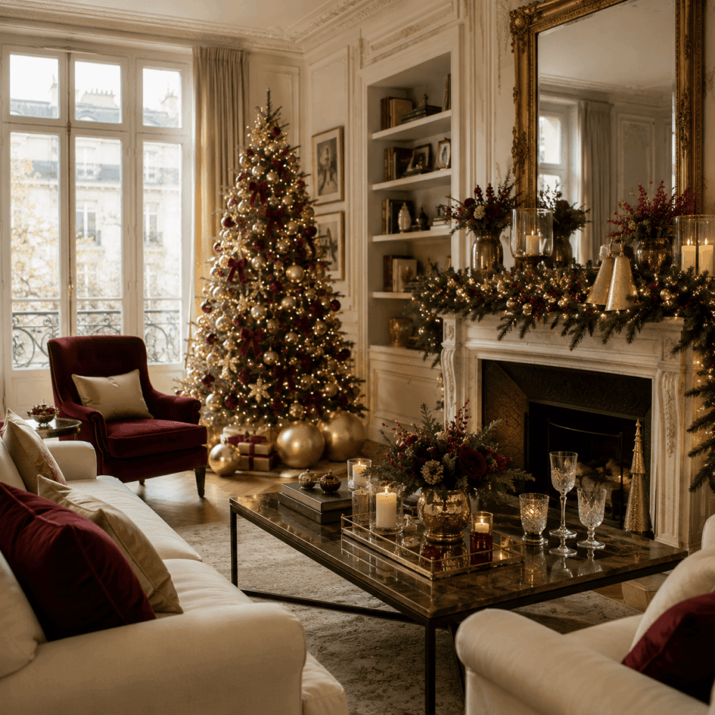 Salon privé élégant décoré pour un Noël luxe avec un grand sapin aux boules dorées et bordeaux, une cheminée ornée de guirlandes, des bougies et une ambiance grand hôtel chaleureuse.