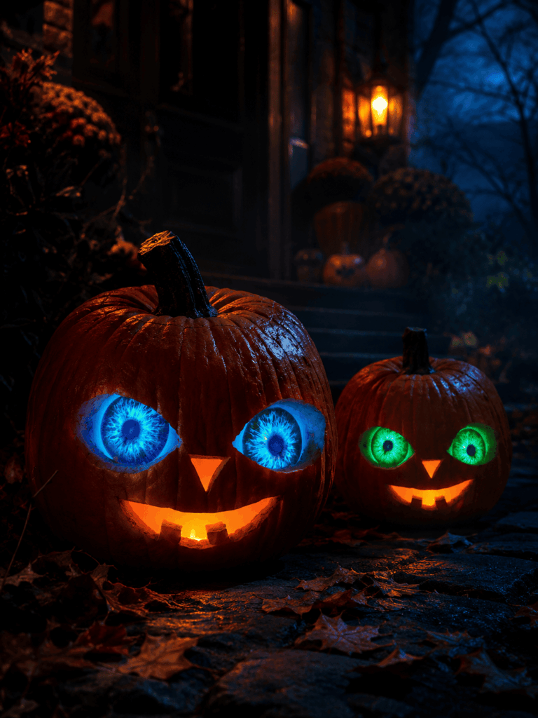 Citrouilles Halloween de tailles différentes décorées avec des yeux lumineux bleus et verts, posées de nuit devant une entrée sombre avec feuilles d’automne et éclairage orange.