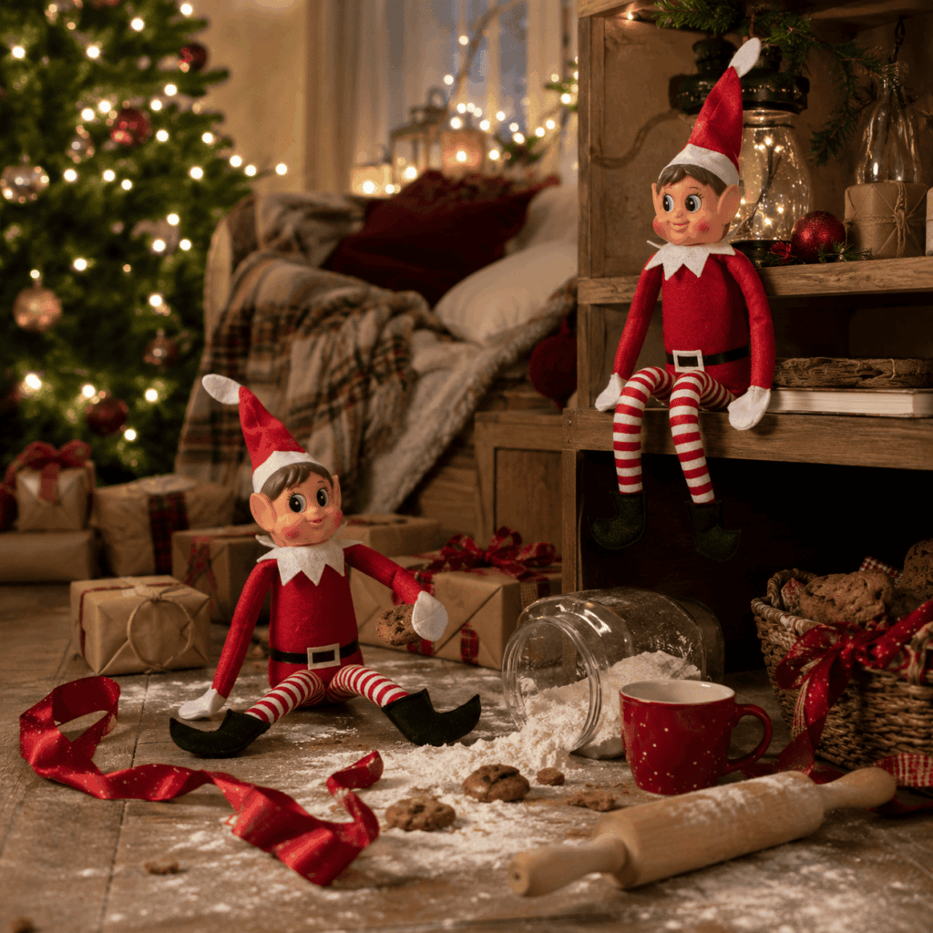 Deux poupées lutins farceurs rouges et blanches sont mises en scène dans un salon décoré pour Noël. L’une est assise sur une étagère, l’autre au sol au milieu de farine renversée, biscuits, rubans cadeaux et décor chaleureux.