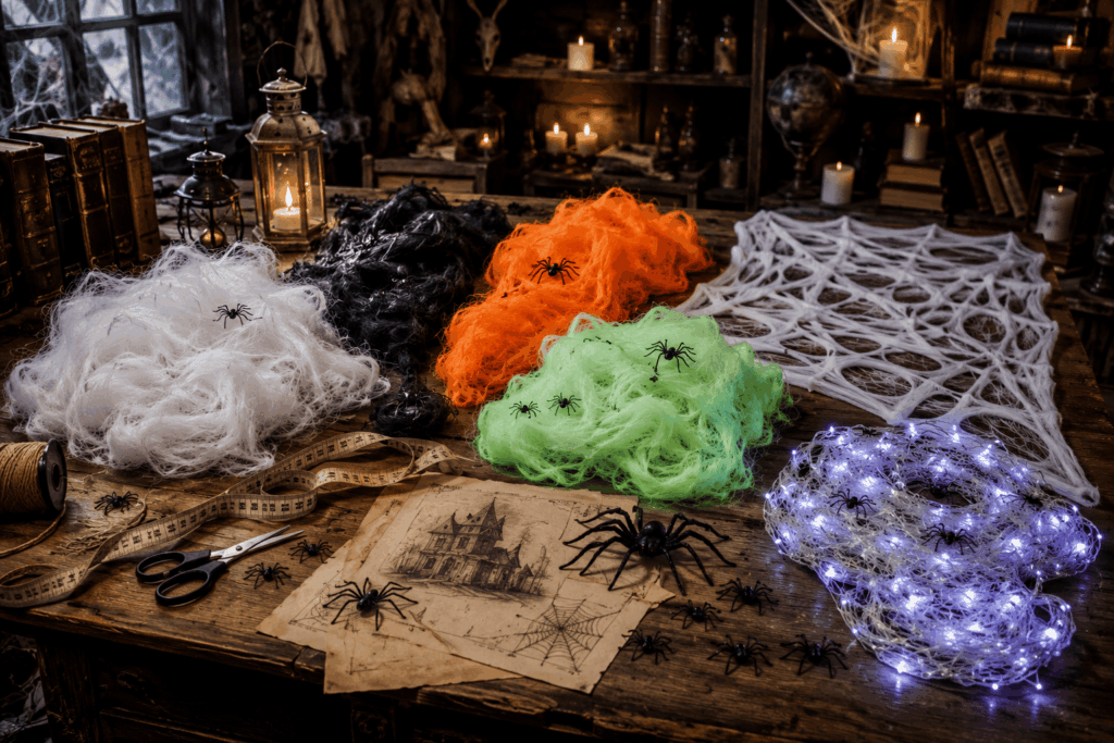 Table d’atelier Halloween avec toiles d’araignée blanche, noire, orange, phosphorescente, lumineuse LED et toile tissu à découper, accompagnées d’araignées décoratives.
