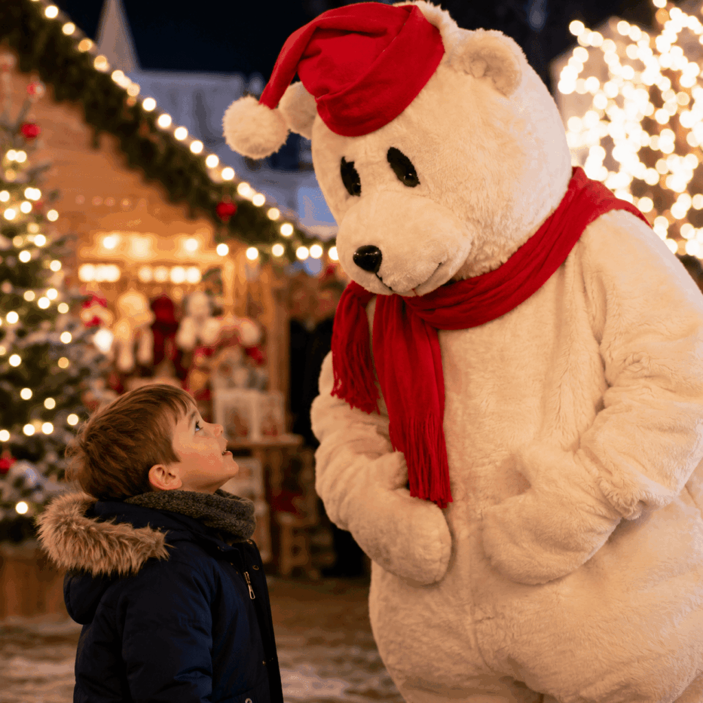 Un enfant lève les yeux vers une mascotte ours polaire de Noël portant un bonnet et une écharpe rouges dans un marché de Noël illuminé.