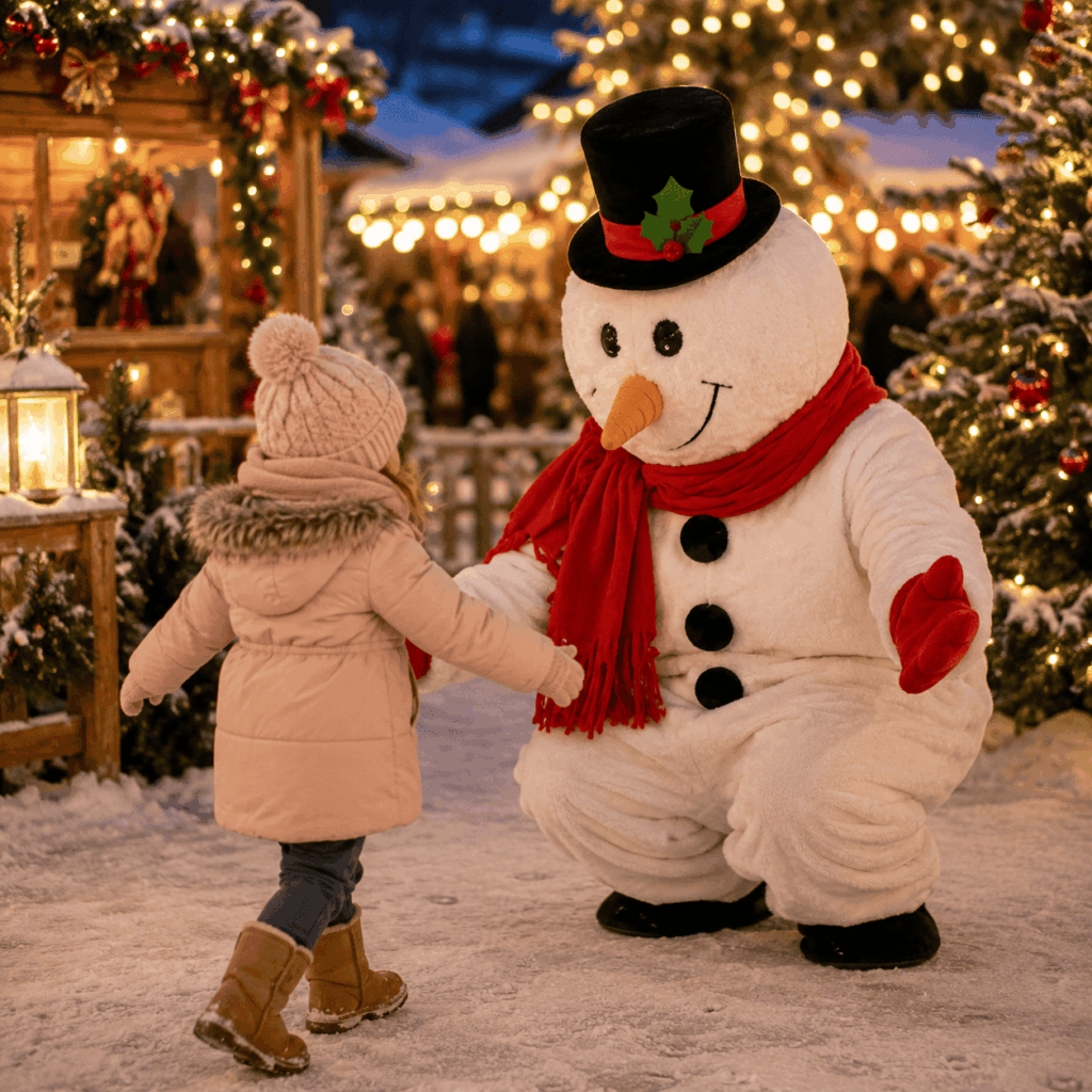 Un jeune enfant s'approche avec confiance d'une mascotte bonhomme de neige dans un décor de Noël illuminé et enneigé.