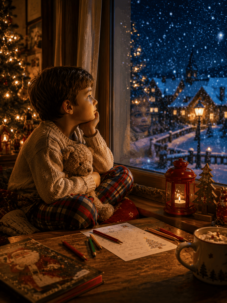 Jeune enfant assis près d’une fenêtre décorée pour Noël, observant la neige tomber sur un village illuminé. Une lettre au Père Noël, des crayons de couleur et un doudou l’accompagnent dans cette ambiance chaleureuse et féerique de Noël.