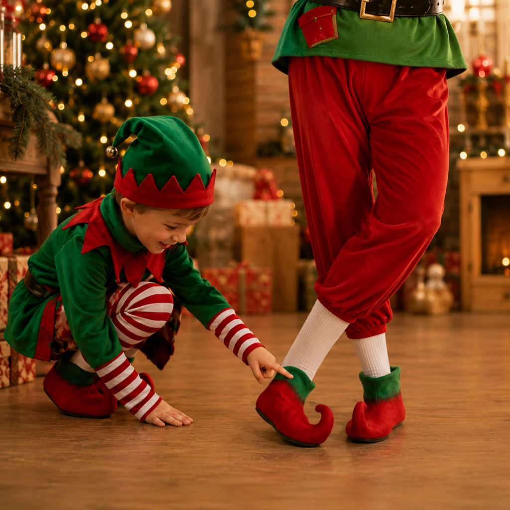 Un enfant déguisé en lutin de Noël touche avec émerveillement la pointe recourbée d’une chaussure de lutin rouge et verte, portée par un adulte en costume de Noël, dans une ambiance chaleureuse avec sapin illuminé et cadeaux en arrière-plan.