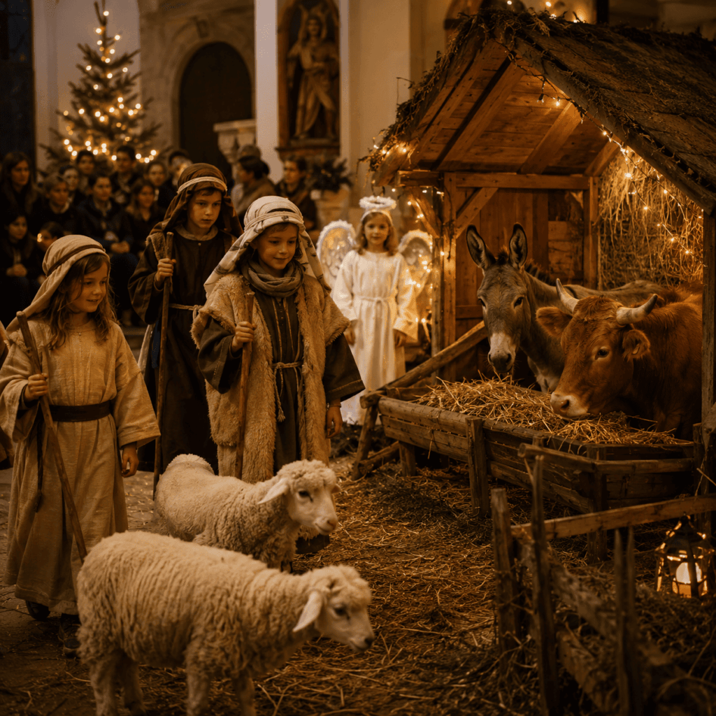 Enfants costumés en bergers et ange lors d’une crèche vivante de Noël dans une église, avec âne, bœuf et moutons autour de l’étable illuminée.