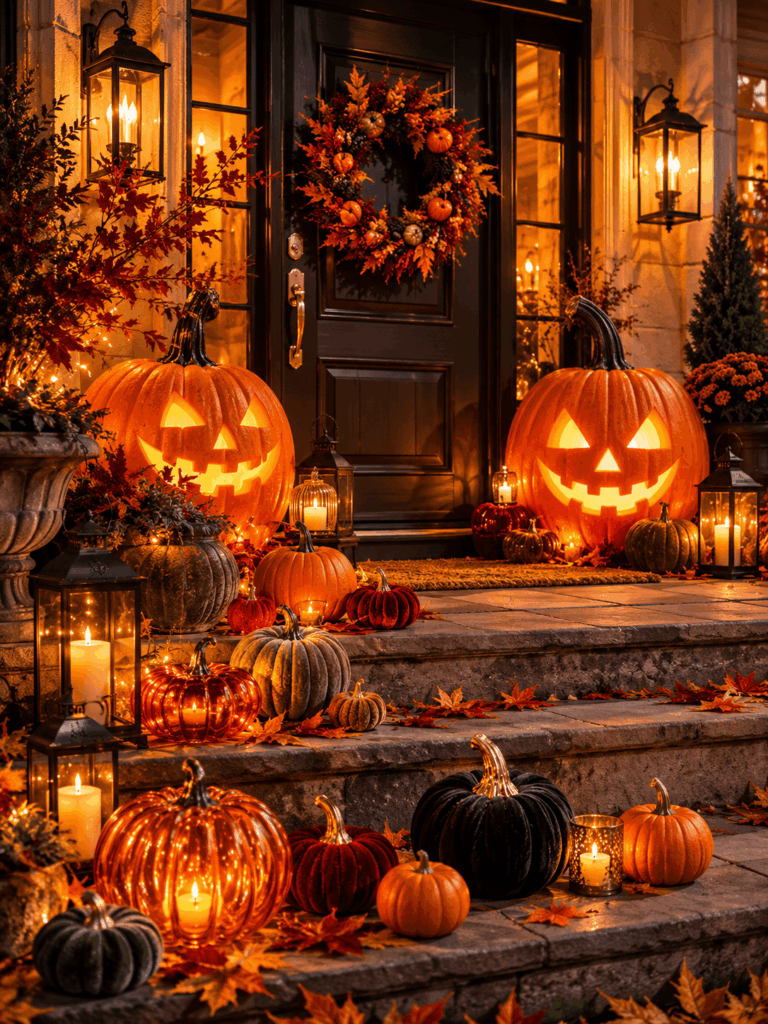 Porche d’entrée Halloween avec deux grandes citrouilles sculptées et illuminées, des citrouilles décoratives de différentes tailles, des lanternes chaudes, une couronne automnale et des feuilles d’automne sur les marches.