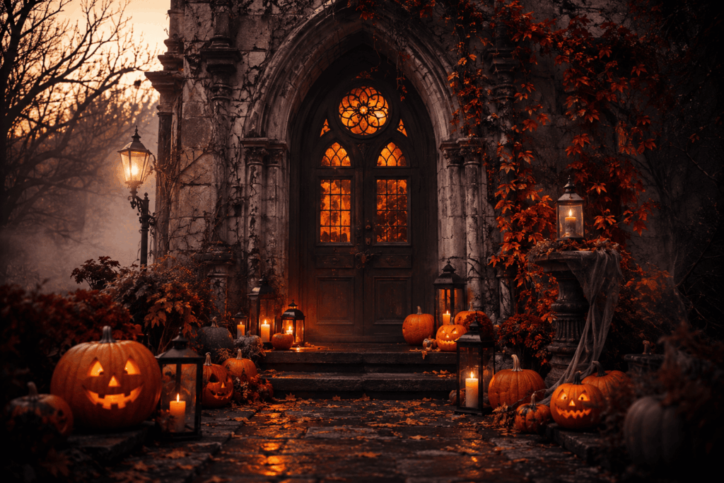 Une entrée de maison hantée à l’ambiance Halloween chic, avec porte gothique ancienne, citrouilles éclairées, lanternes, feuilles d’automne et légère brume au crépuscule.