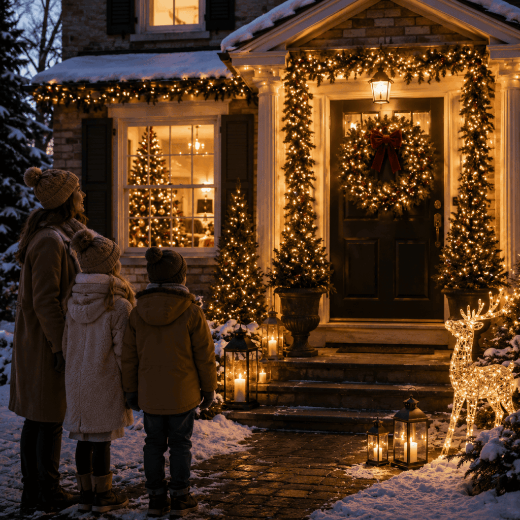 Scène de Noël émouvante avec une famille observant une maison chaleureusement décorée, une grande couronne de Noël, des guirlandes lumineuses, des lanternes, un renne lumineux LED et un sapin illuminé visible à travers la fenêtre.