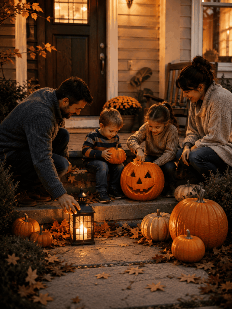 Famille installant des citrouilles Halloween sur un perron en automne, avec une Jack O’Lantern sculptée, une lanterne lumineuse, quelques citrouilles de différentes tailles et des feuilles mortes au sol.